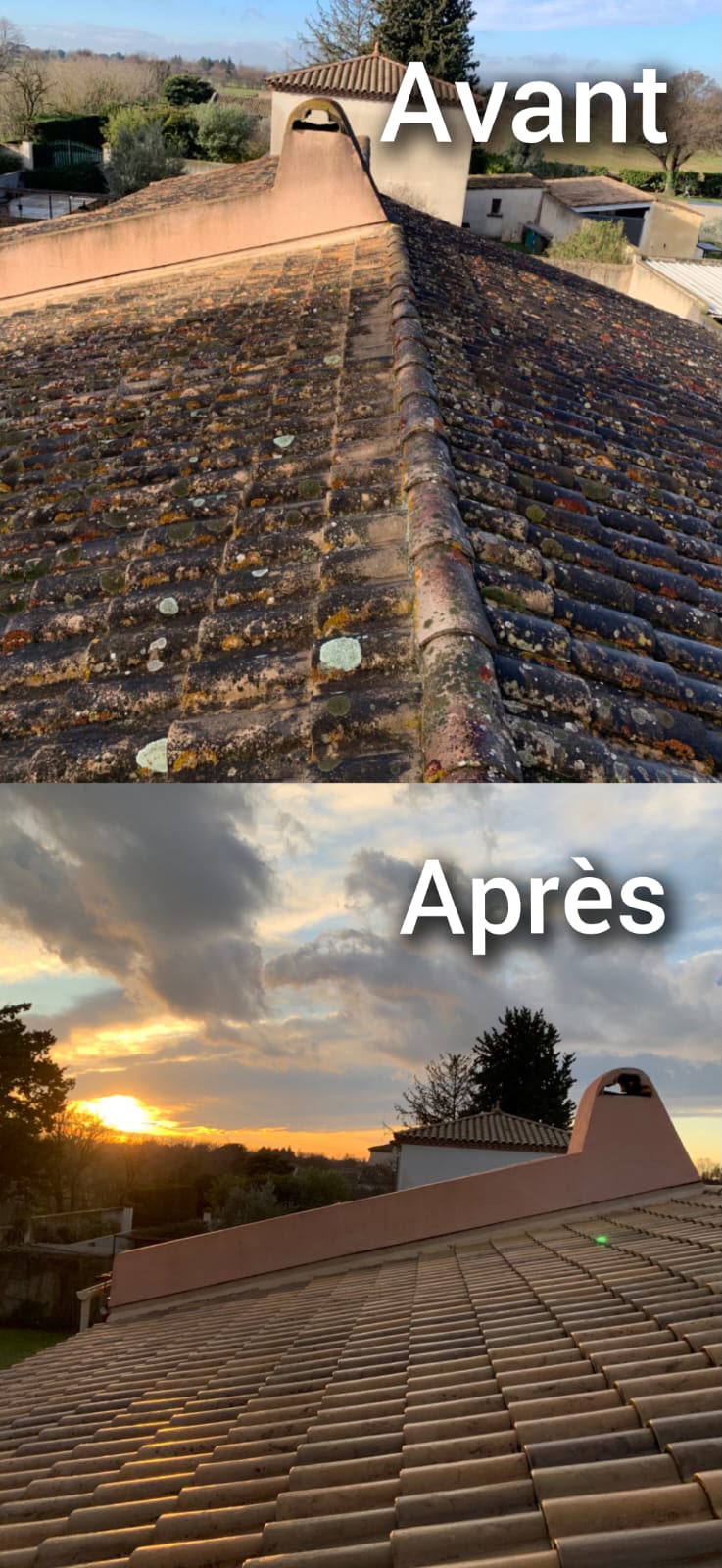 Avant / après un démoussage complet de toiture réalisé par Sanchez Couverture